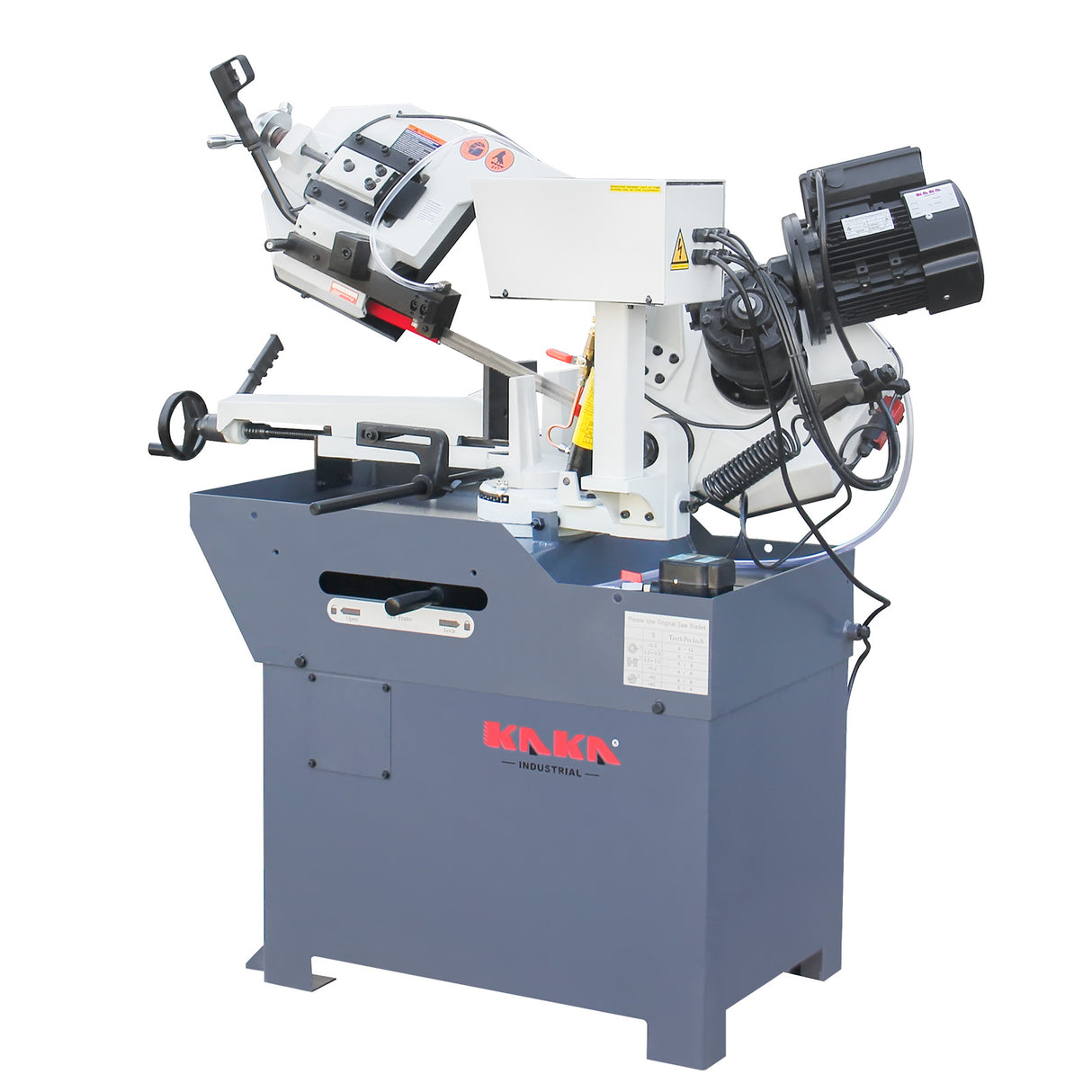 Kaka Industrial BS-108G horizontal bandsaw Metal Cutting Band Saw, Cuts up to 10”x7.9" round metal stock at 90°. Swivel head miters up to 60°. Motor power 1.1kw /1.5HP, 115V-60HZ-1PH